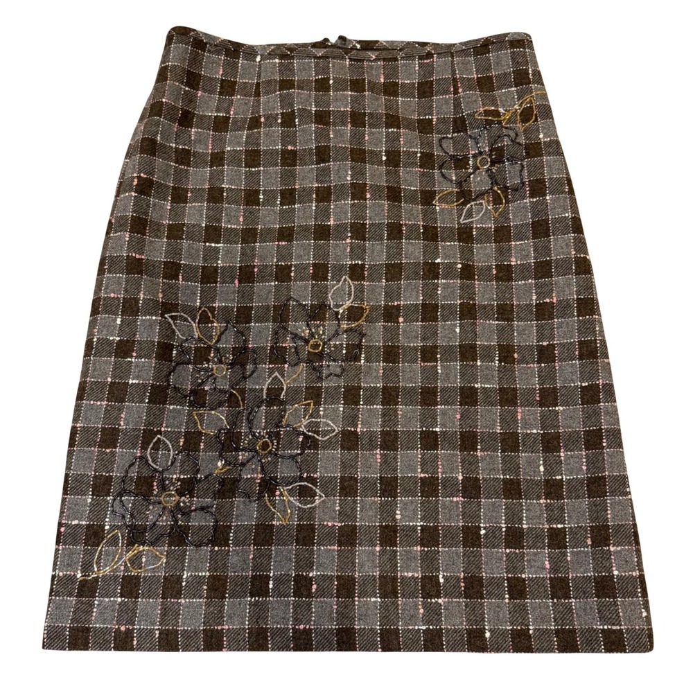 Beth Bowley Brown Grey Plaid Beaded Wool Blend Pencil Skirt‎ Size 6 Floral Pink